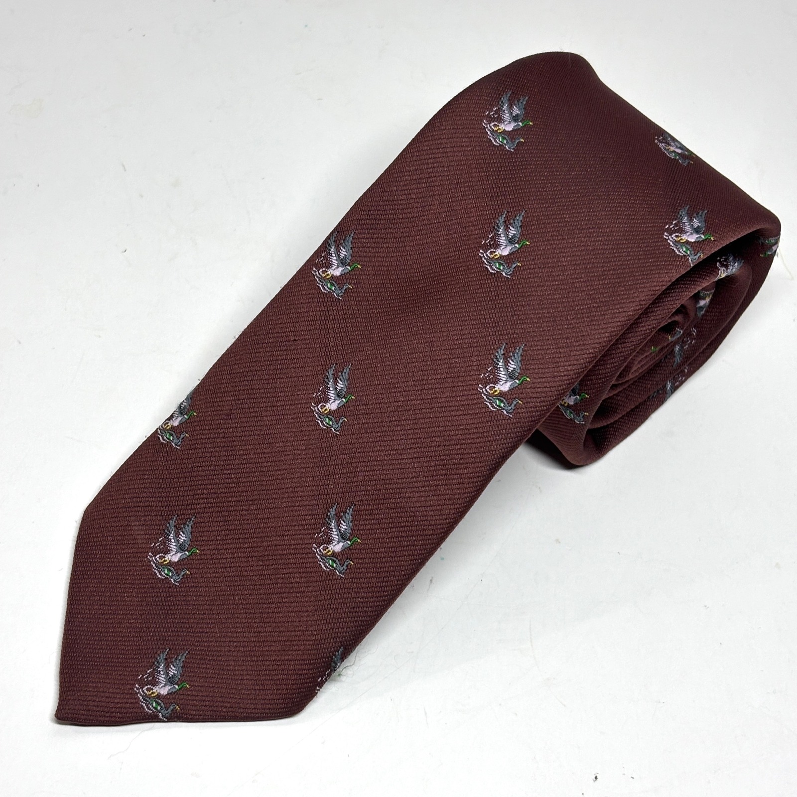 Bastille Necktie Men One Size Burgundy Mallard Duck Embroidered Tie Hunting Bird